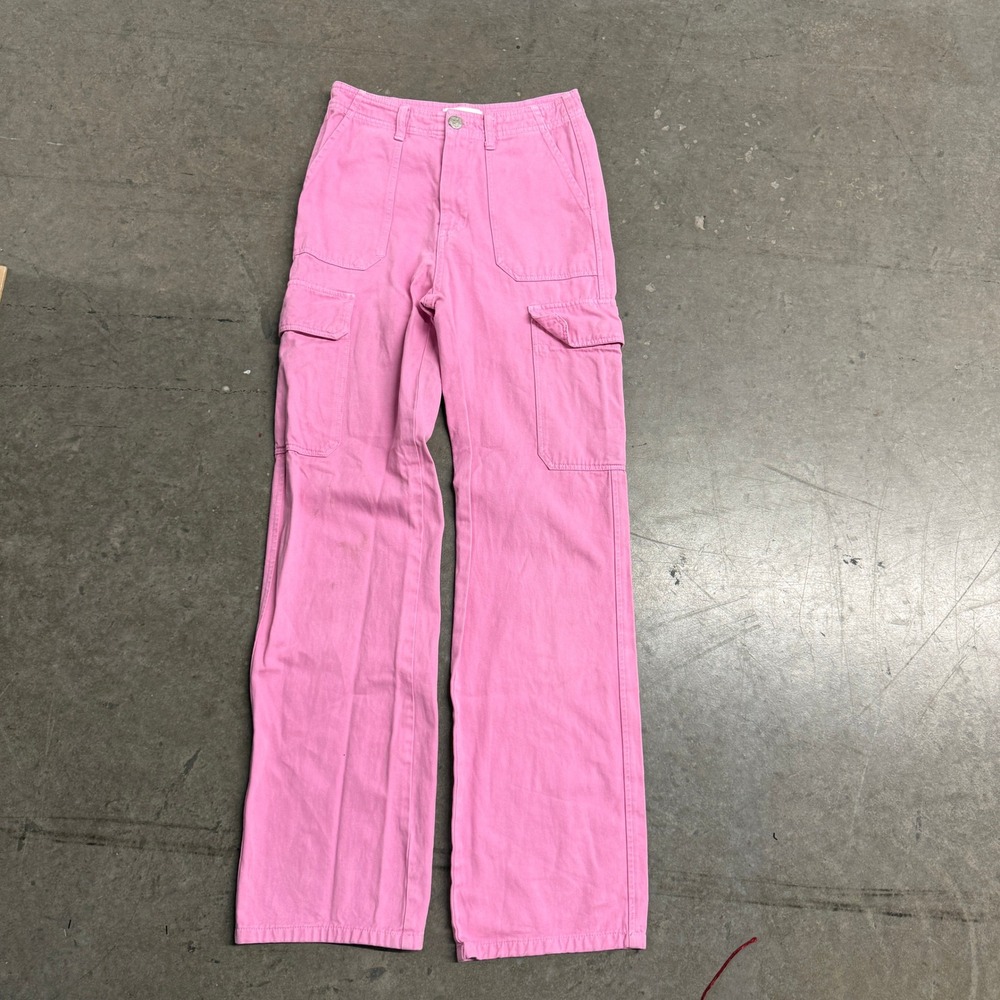 Zara Pink Wide Leg Cargo Pants Womens Size 2 High Rise Utility Denim Trouser